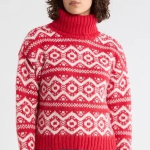 NWT Joseph A. Fair Isle Turtleneck Sweater Red & White XL